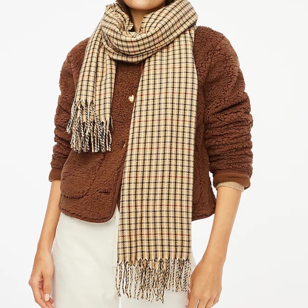 J. Crew NWT Classic Brown Plaid Fringe Scarf One Size - Picture 8 of 8